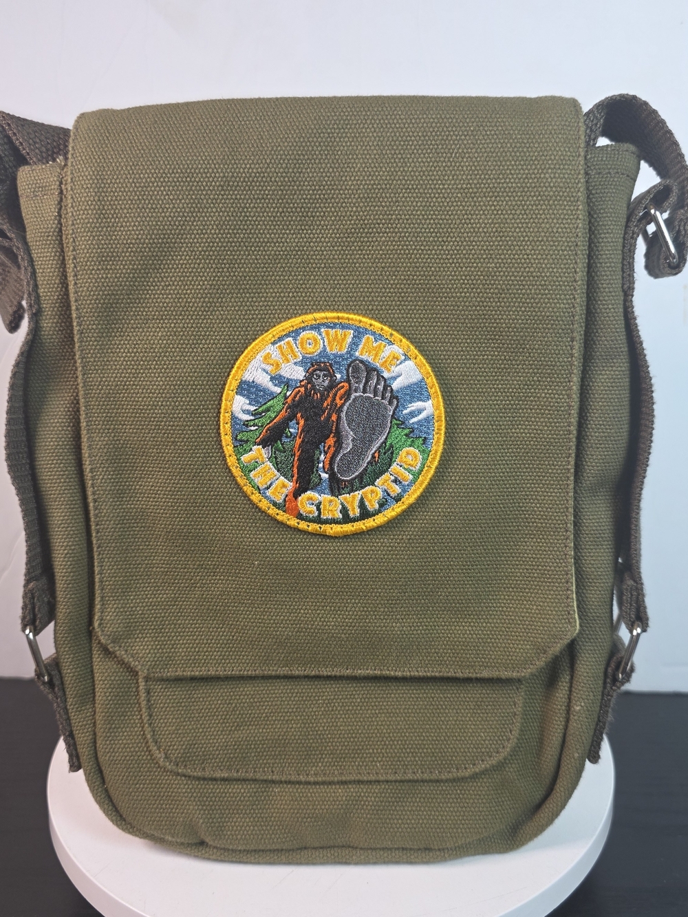 Olive Green Canvas Crossbody Satchel Bag - Show Me The Cryptid Bigfoot Patch
